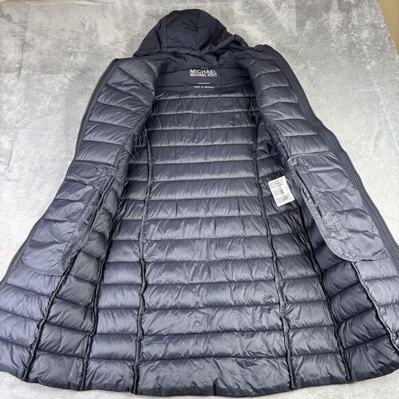 Michael Michael Kors Coat Womens XS Navy Packable Puffer Hooded Long Quilted - Picture 2 of 16